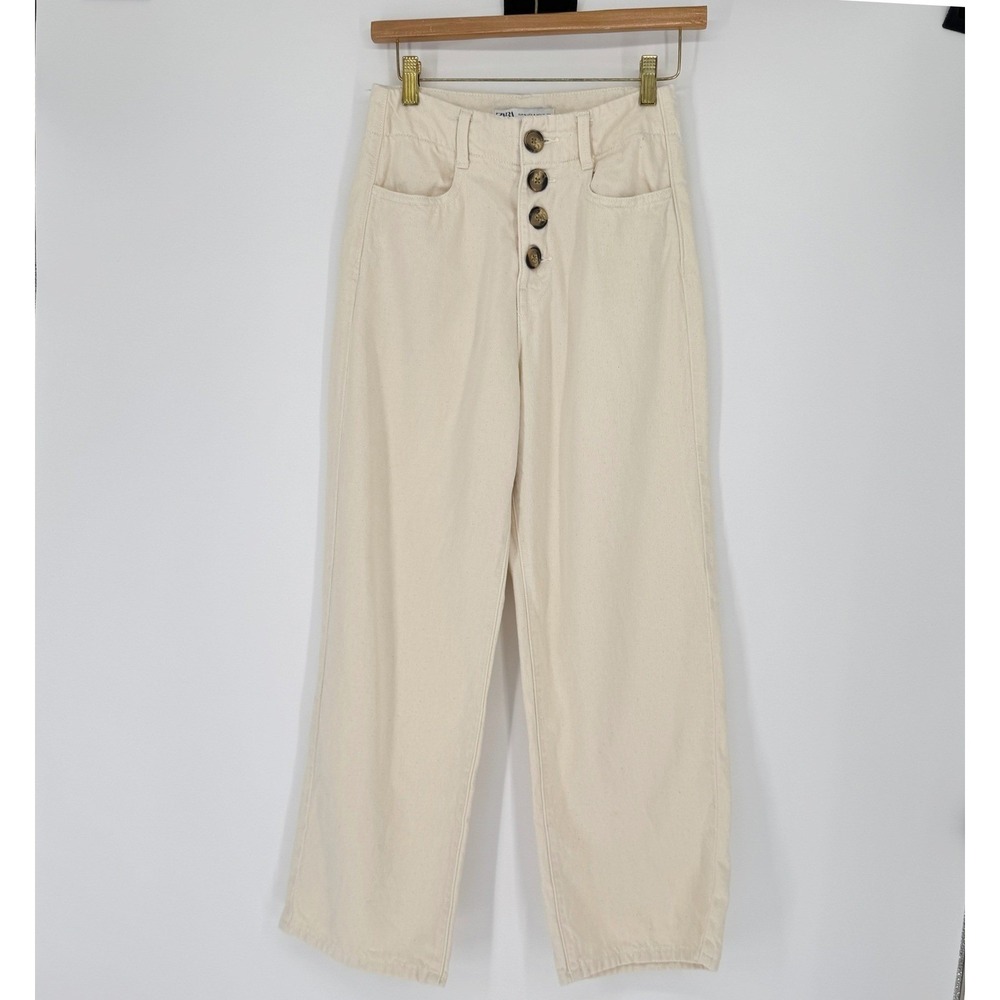 Zara‎ High Rise Wide Leg Button Fly Jeans US 4 Ecru Cream Denim Pants Minimalist